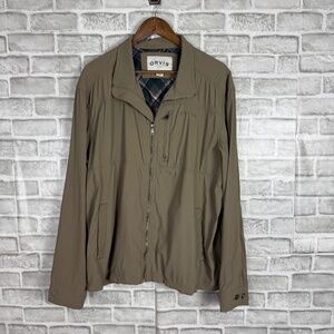 Orvis Dark Beige Nylon Stretch Full Zip Windbreaker Jacket W/ Pockets Mens LARGE